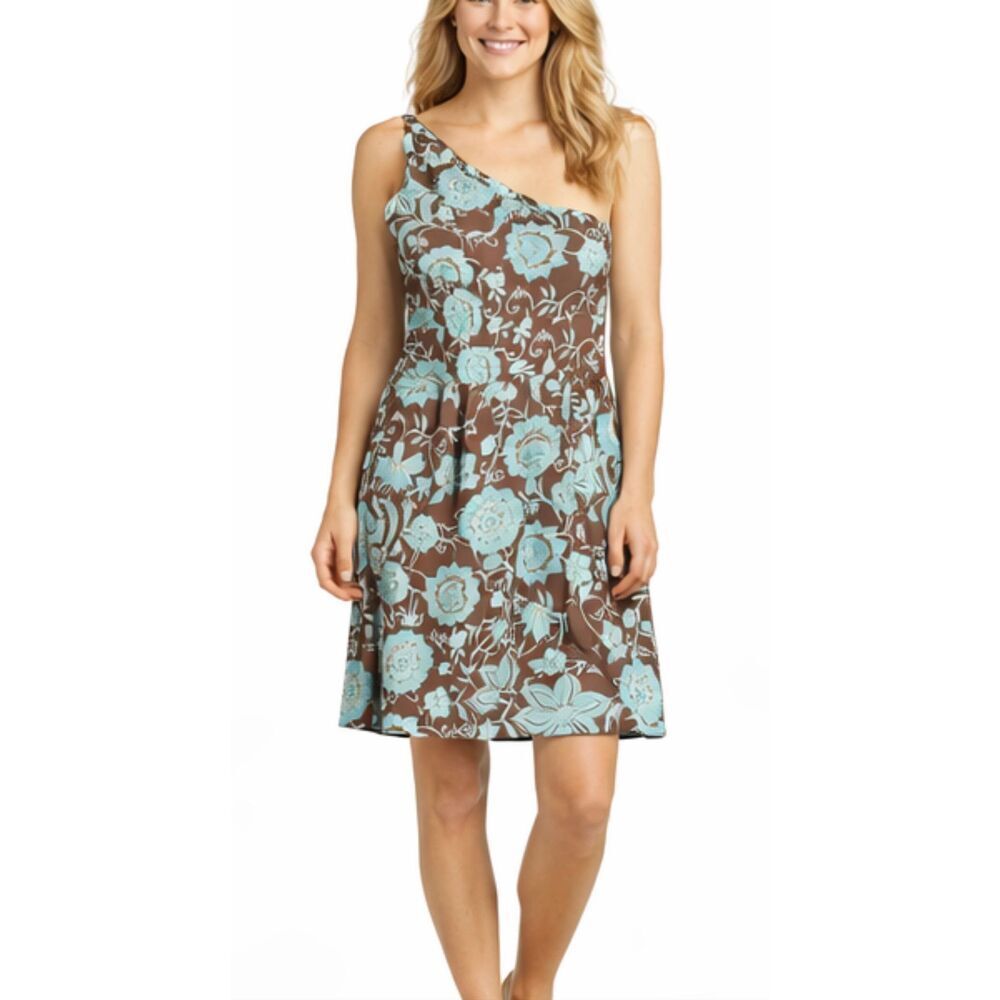 Sara Campbell vintage  brown and turquoise floral one shoulder dress 12